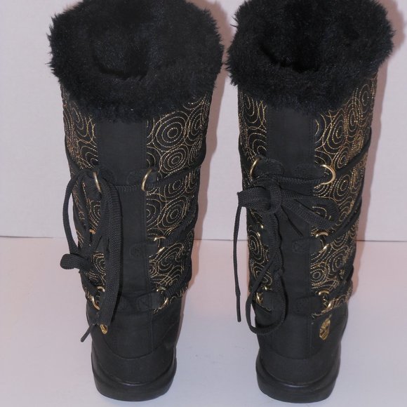 TIMBERLAND BLACK AND GOLD LEATHER AND FAUX FUR KNEE-HIGH BOOTS SIZE 6.5 MEDIUM - Picture 2 of 9
